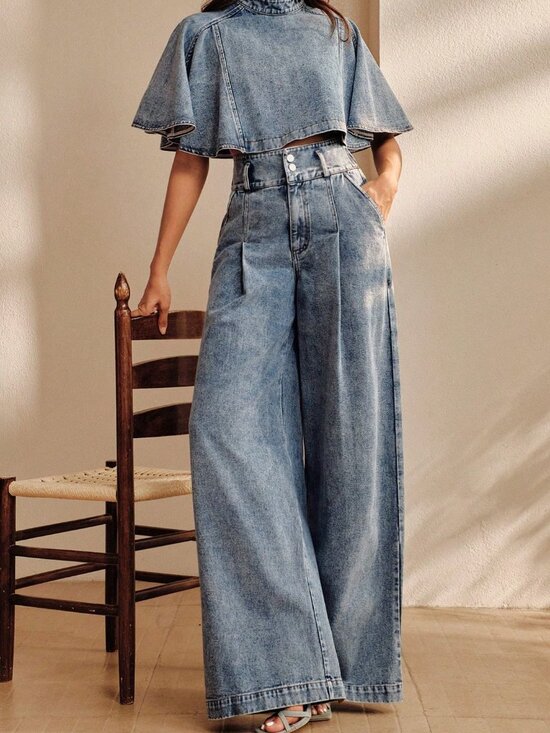 Denim - Blue Casual Women's Denim High Waist Wide Leg Pants & Short Sleeve Cape Set